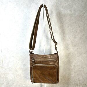 Estalon Crossbody Handbag Brown Zip Closure Pockets Distressed Leather